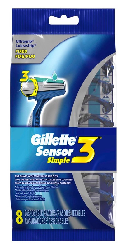 Gillette Mens Sensor Simple 3 Razor Disposable 8 Count