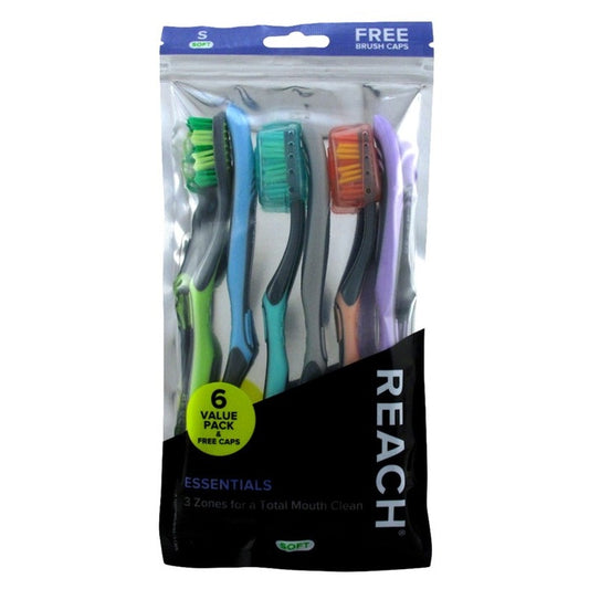 Reach Toothbrush Essentials Soft 6 Count With Free Caps