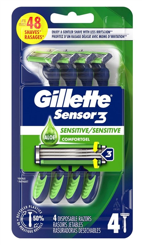 Gillette Mens Sensor 3 Razor Sensitive Disposable 4 Count