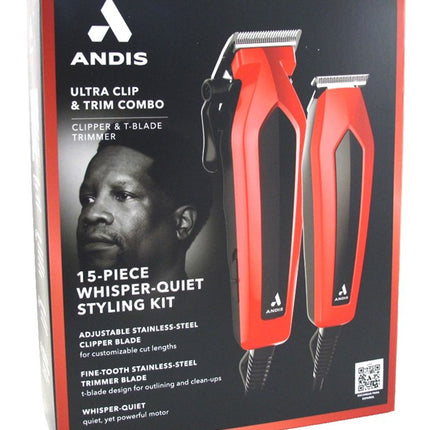 Andis Clipper & Trimmer Combo 15 Piece Whisper Quiet Kit Red