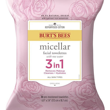 Burts Bees Towelettes Micellar 3-In-1 Rose Water 30 Ct (3 Pieces)