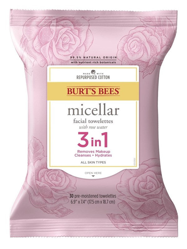 Burts Bees Towelettes Micellar 3-In-1 Rose Water 30 Ct (3 Pieces)