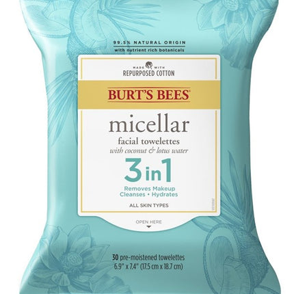 Burts Bees Towelettes Micellar 3-In-1 Coconut/Lotus 30Ct(3 Pieces)