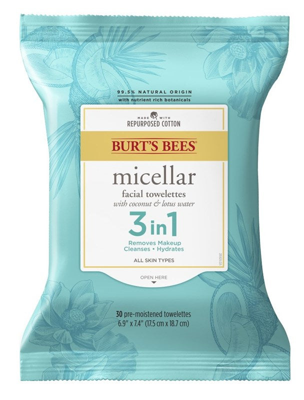 Burts Bees Towelettes Micellar 3-In-1 Coconut/Lotus 30Ct(3 Pieces)