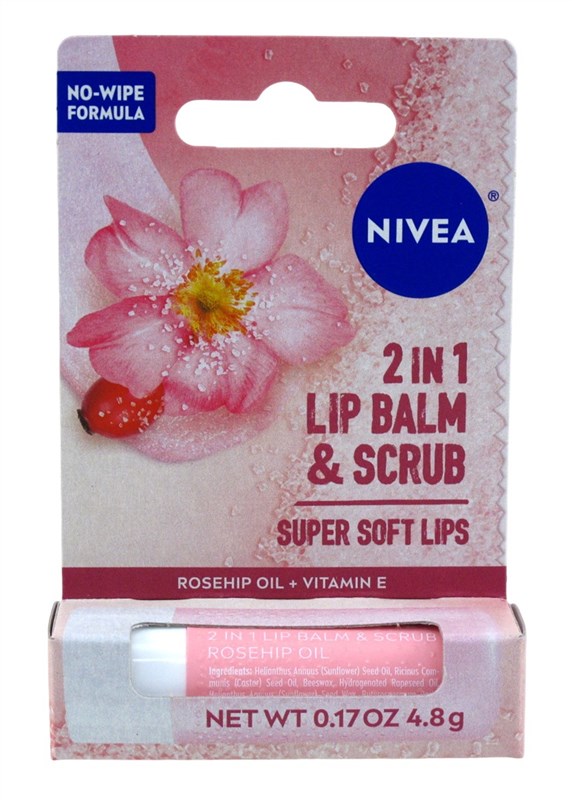 Nivea Lip 2-In-1 Lip Balm & Scrub Rosehip Oil+Vit-E 0.17oz