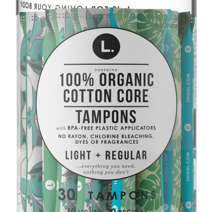 L. Tampons Organic Cotton Core 30 Count (20 Reg + 10 Light)