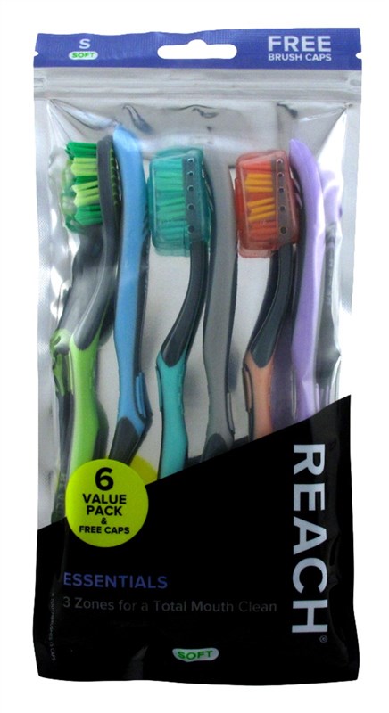 Reach Toothbrush Essentials Soft 6 Count With Free Caps