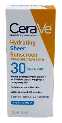 Cerave Sunscreen Hydrating Spf#30 Sheer Face & Body 3oz