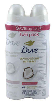 Dove Deodorant 3.8oz Dry Spray Caring Coconut Twin Pack