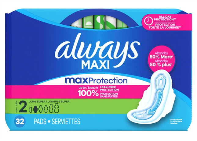 Always Pads Size 2 Maxi 32 Count Long Super 9 Hour