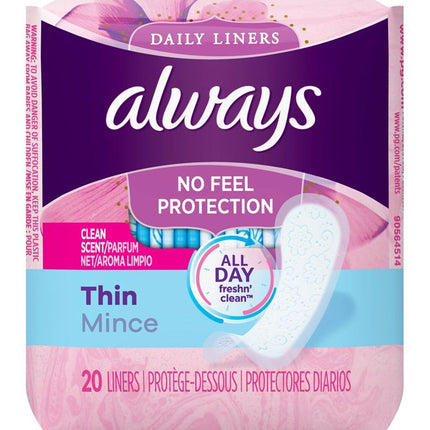 Always Daily Liners Thin Reg 20 Count Clean Scent(24 Pieces)