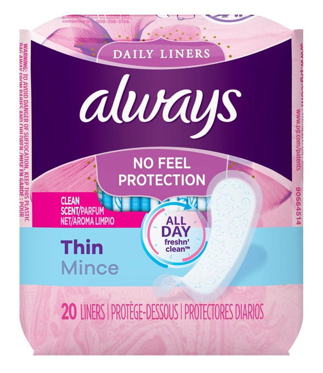 Always Daily Liners Thin Reg 20 Count Clean Scent(24 Pieces)