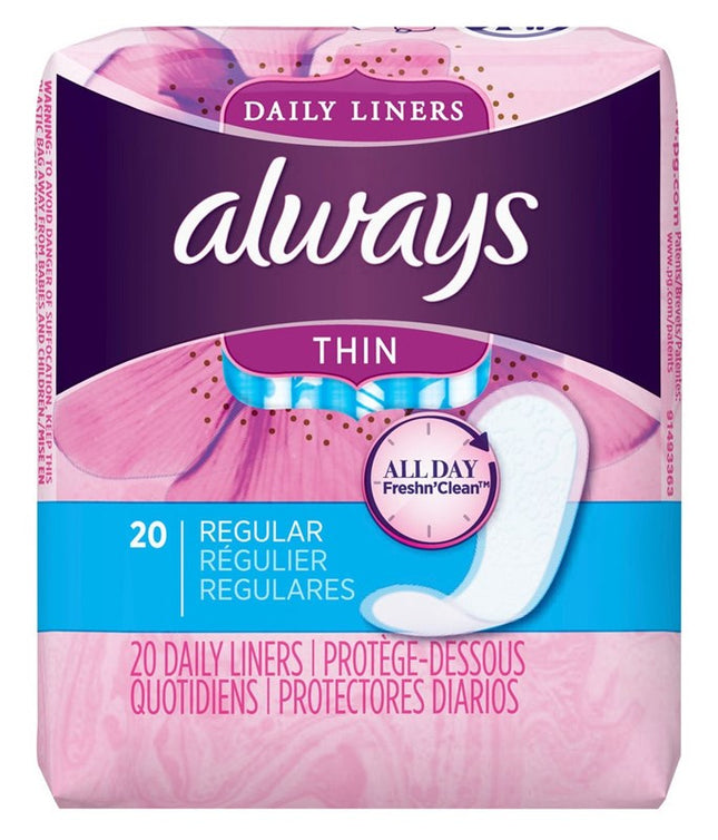 Always Daily Liners Thin Regular 20 Count (24 Pieces)