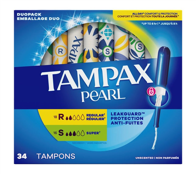 Tampax Tampons Pearl Duo Pack 34 Ct Unscentd 18 Reg+16 Super