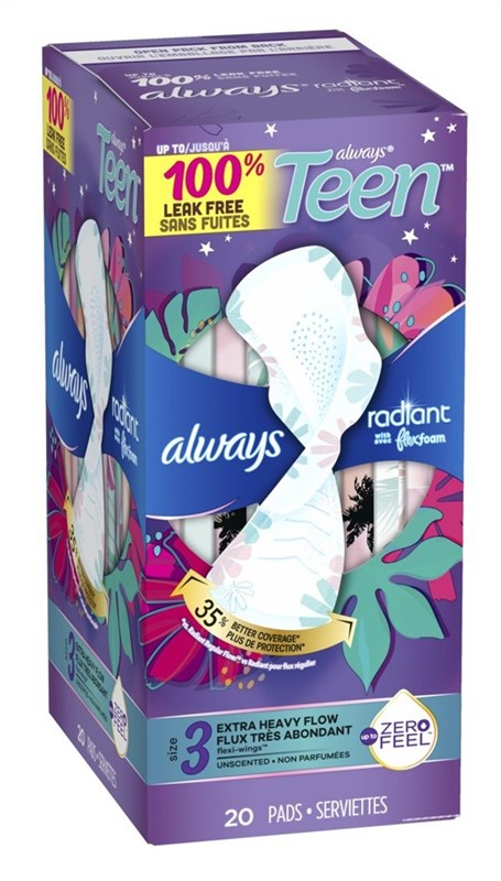 Always Pads Size 3 Teen Radiant 20 Count Extra Heavy