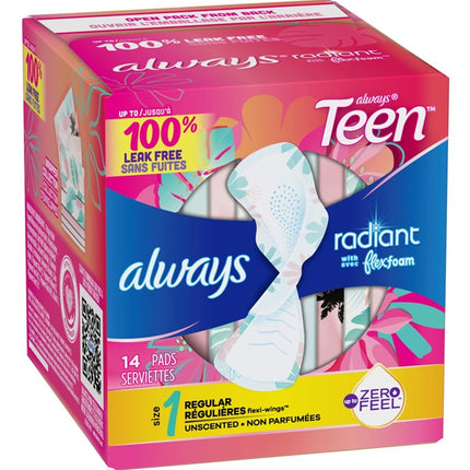 Always Pads Size 1 Teen Radiant 14 Count Regular