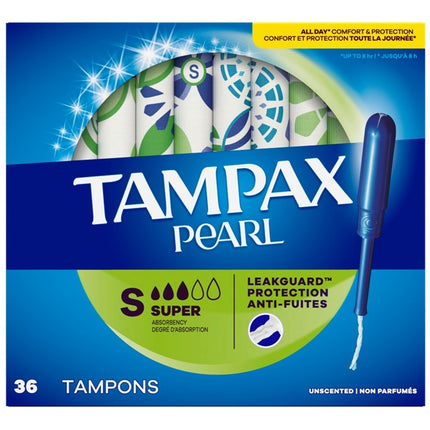 Tampax Tampons Pearl Super 36 Count Leakguard Unscented