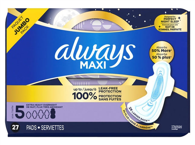 Always Pads Size 5 Maxi 27 Count Extra Heavy Overnight
