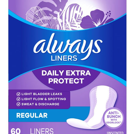 Always Liners Extra Protect Regular 60 Count Unscented