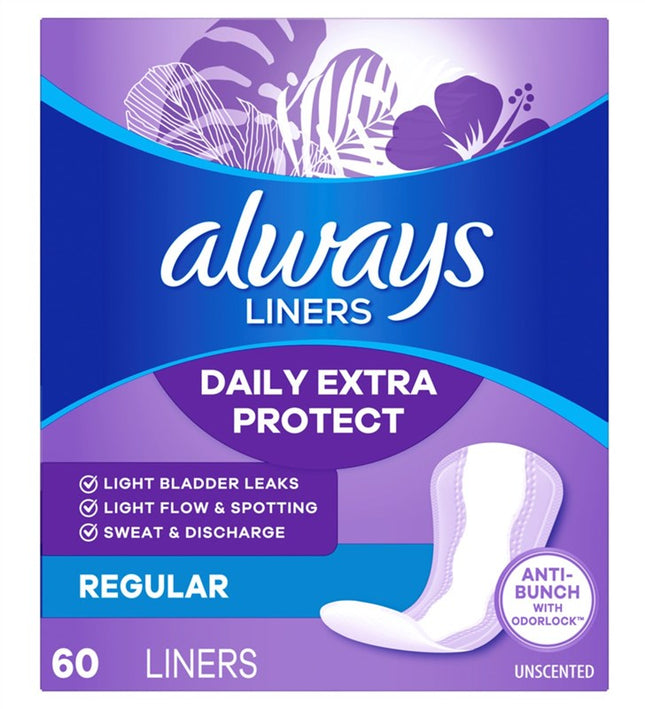Always Liners Extra Protect Regular 60 Count Unscented