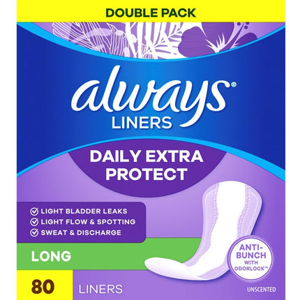 Always Liners Extra Protect Long 80 Count Unscented 2 Pack