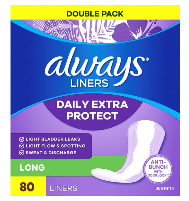Always Liners Extra Protect Long 80 Count Unscented 2 Pack
