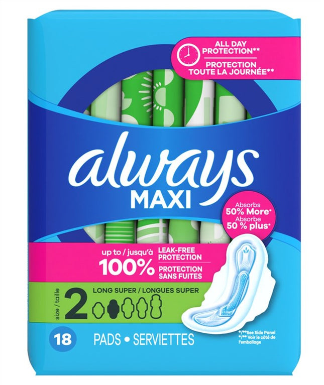 Always Pads Size 2 Maxi 18 Count Long Super
