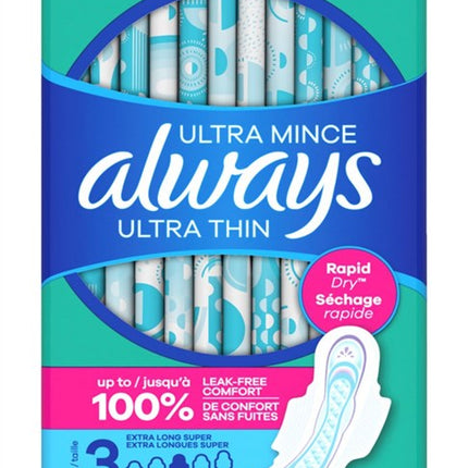 Always Pads Size 3 Ultra Thin 28 Count Extra Long Super