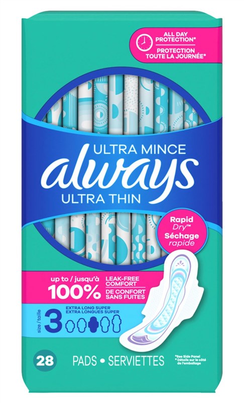 Always Pads Size 3 Ultra Thin 28 Count Extra Long Super