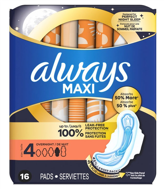 Always Pads Size 4 Maxi 16 Count Overnight