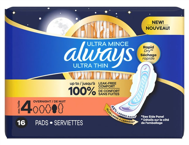 Always Pads Size 4 Ultra Thin 16 Count Overnight