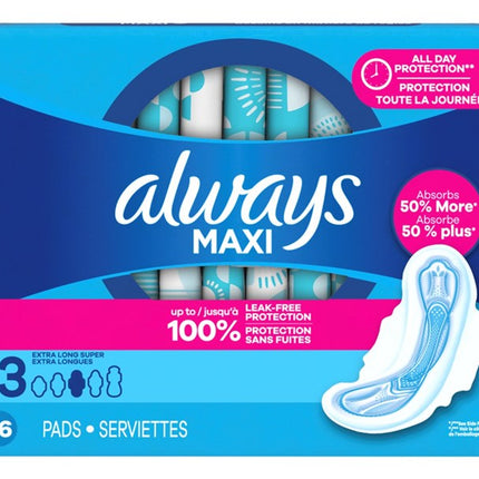 Always Pads Size 3 Maxi 26 Count Extra Long Super