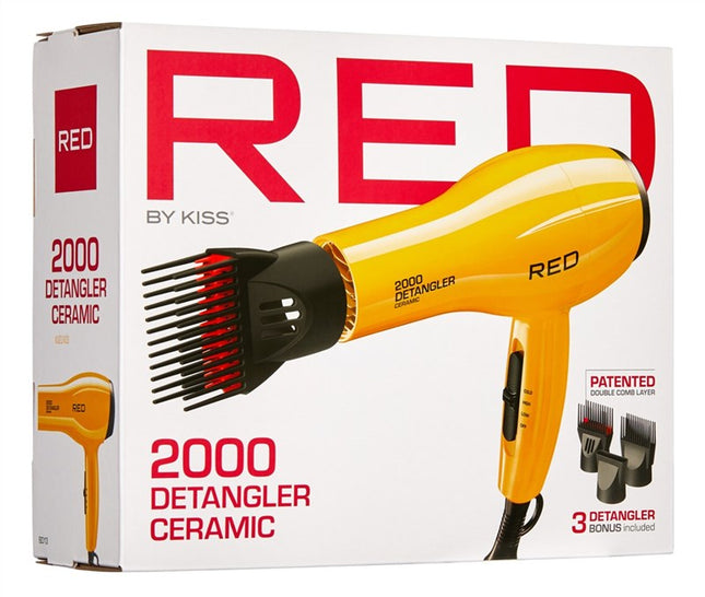 Kiss Red Dryer 2000 Detangler Ceramic 3 Attachments Yellow