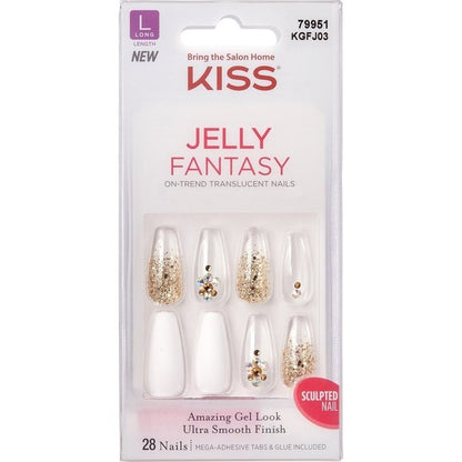 Kiss Jelly Fantasy 28 Count White/Gold Glitter Long Length