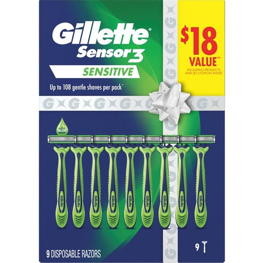 Gillette Mens Sensor 3 Razor Disposable 9 Count Sensitive