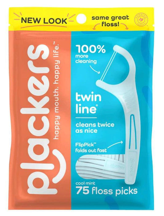 Plackers Twin-Line Cool Mint Dental Flossers 75 Count