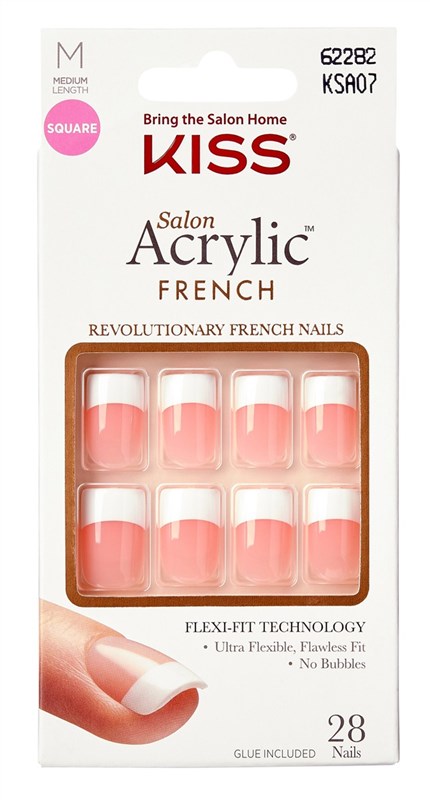 Kiss Salon Acrylic French 28 Count Medium Square Pink