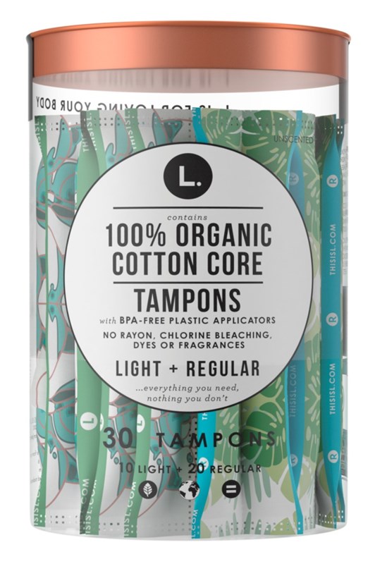 L. Tampons Organic Cotton Core 30 Count (20 Reg + 10 Light)