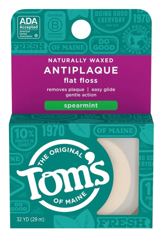 Toms Nat Flat Floss Antiplaque Spearmint Naturally Waxed 32Yd